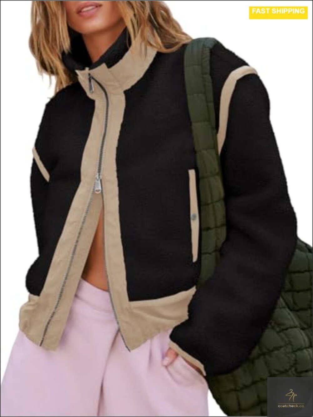 Cropped Zip Up Fleece Jacket with Stand Collar Teddy Sherpa Coat